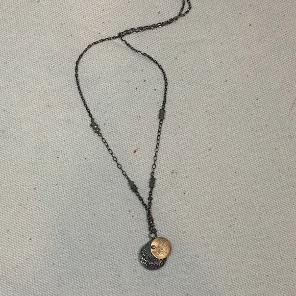 18k & Sterling Silver Necklace with gray-green sapphire beads and etched quote - Picture 2 of 12